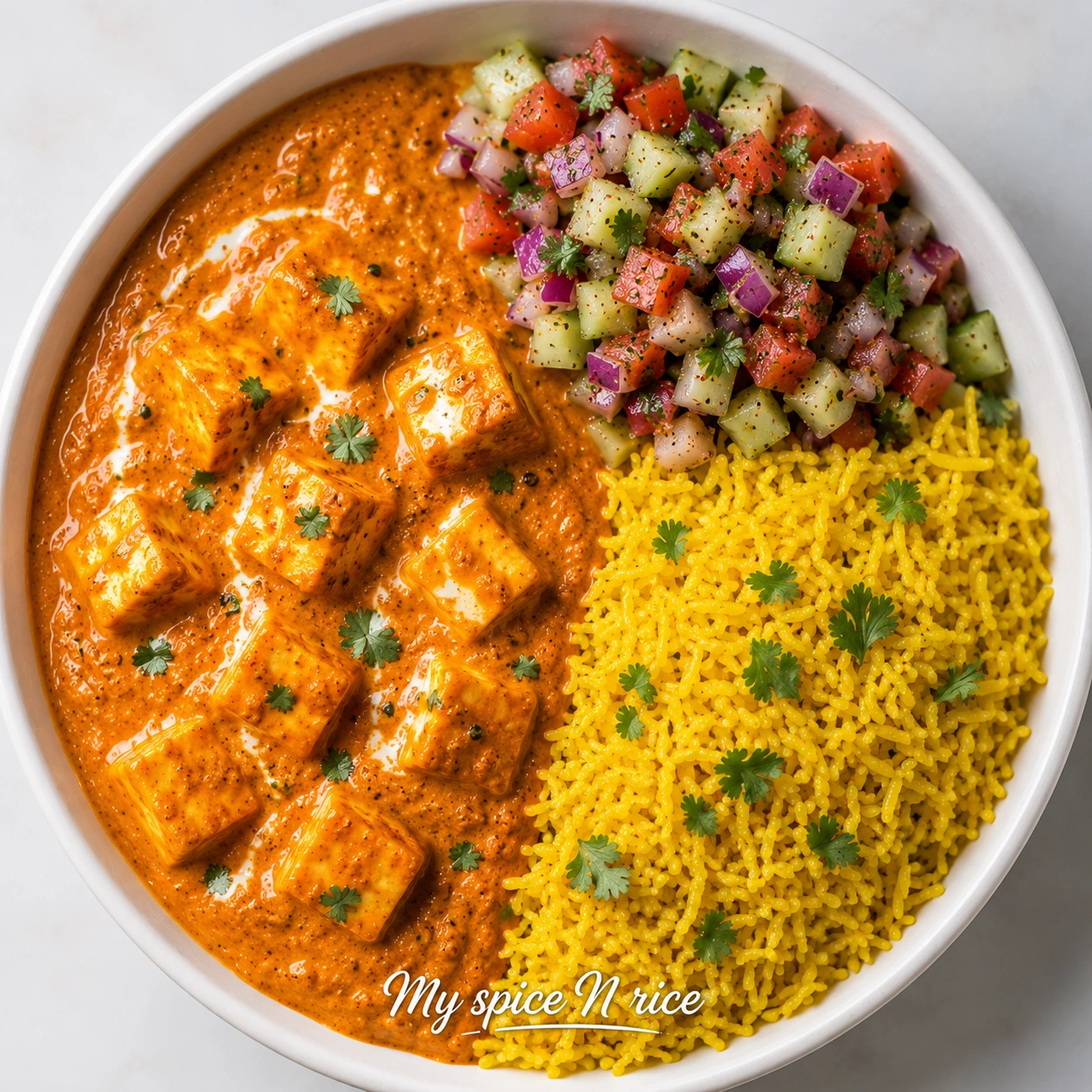 Shahi Paneer Bowl — vegetarian gluten free Indian rice bowl at My Spice N Rice SE Calgary