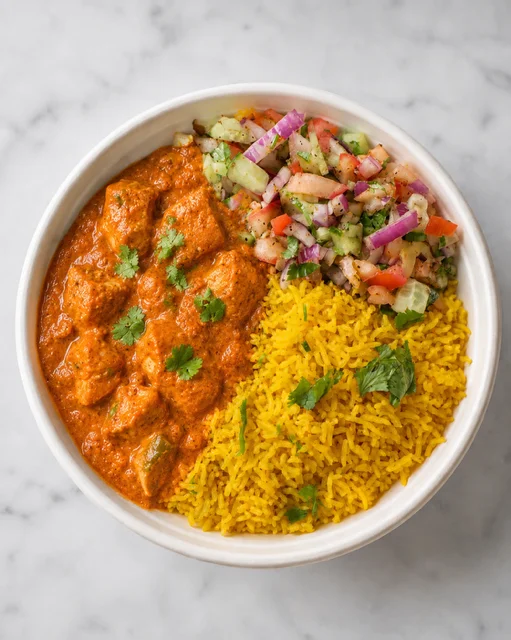 Butter Chicken Bowl — creamy butter chicken curry on masala rice at My Spice N Rice, SE Calgary